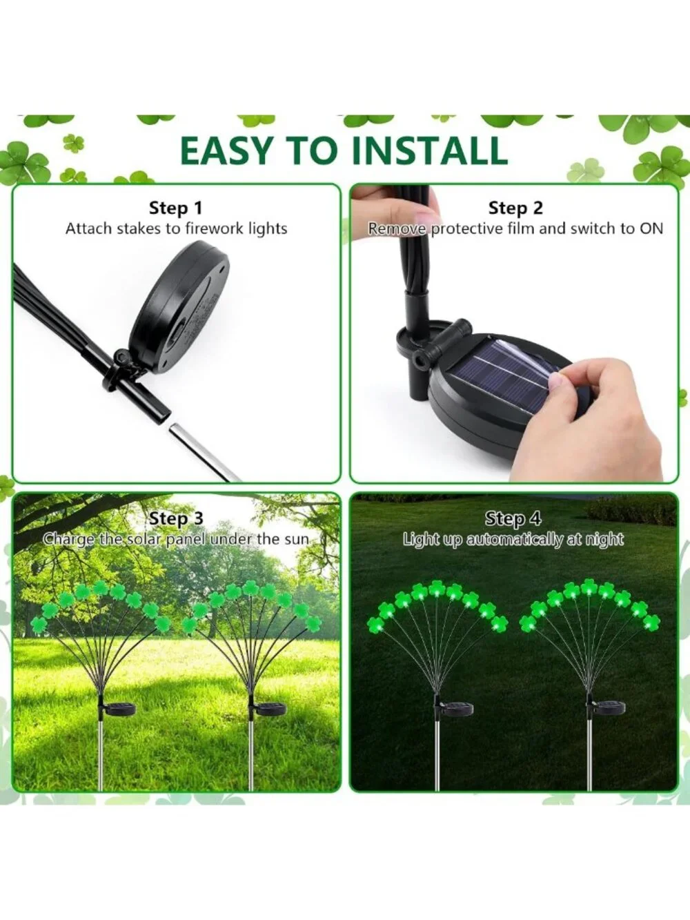 2 Pack St. Patrick's Day Solar Lights - 18 LED Green Shamrock Outdoor Decor